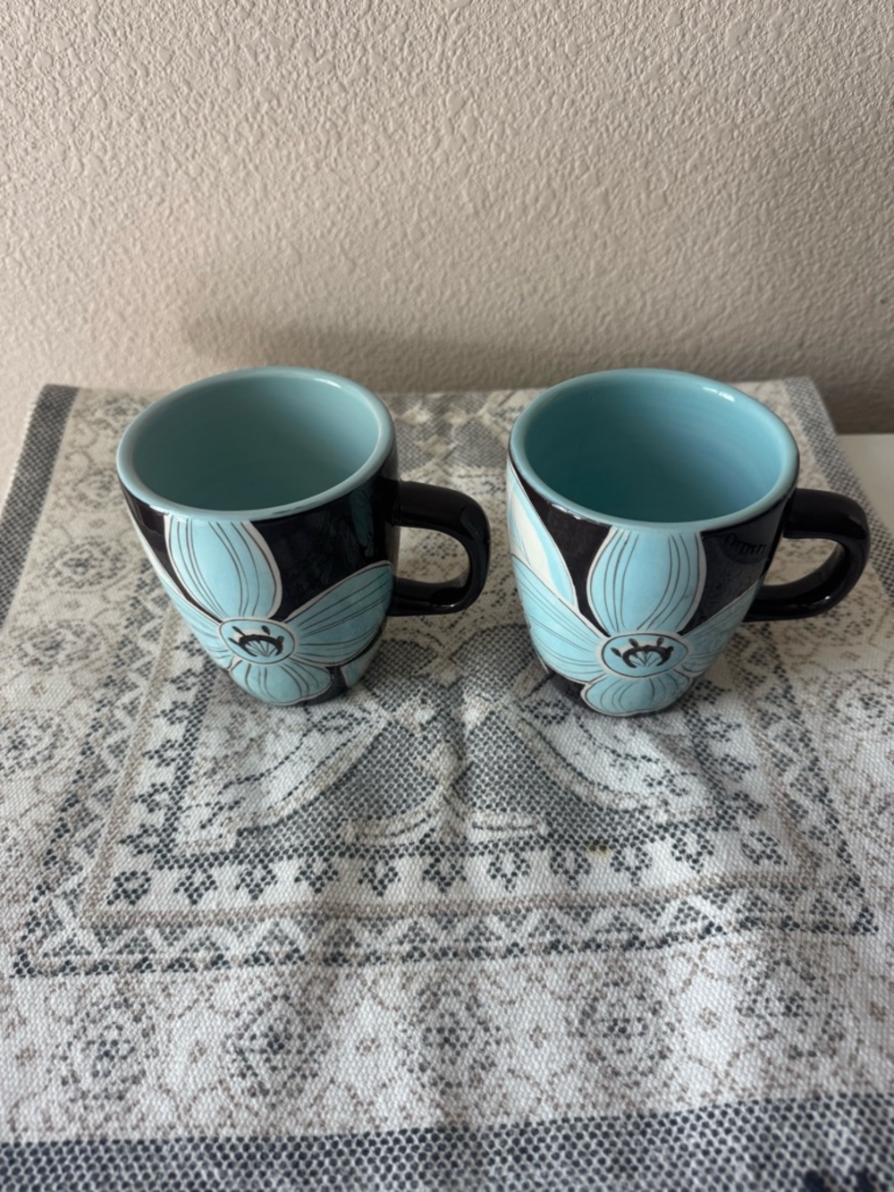 Aqua Floral Ceramic Mugs - Set of 2